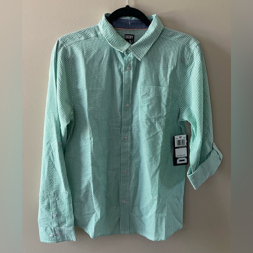 DKNY Boys XL 18/20 NEW With Tags Green and White Striped Seersucker Button Down